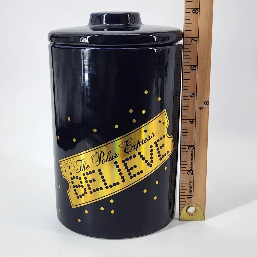The Polar Express Believe‎ Ceramic Canister Navy Gold Ticket Zrike Brands 7.5in